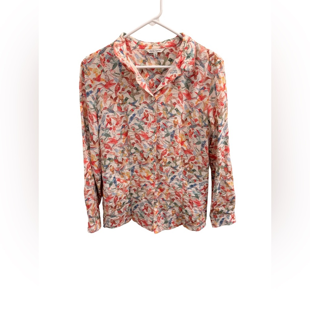 John Mark Multicolor Bird Pattern Zip Back Top - image 1